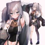  1girl =_= absurdres animal_ear_fluff animal_ears armpits bangs black_footwear black_jacket blush bomb breasts ear_piercing fang fur_trim grey_eyes grey_hair grey_skirt hair_between_eyes highres hololive jacket light_smile lion_ears lion_girl looking_at_viewer maru_ccy medium_breasts multiple_views navel off_shoulder open_mouth piercing shishiro_botan single_legging skirt sleeves_past_fingers sleeves_past_wrists smile ssrb torn_clothes torn_legwear virtual_youtuber 