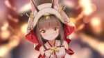  1girl animal_ears azur_lane bangs black_hair blunt_bangs blurry blush close-up commentary_request denfunsan depth_of_field detached_sleeves eyebrows_visible_through_hair fox_ears hair_ornament highres japanese_clothes kimono long_hair looking_at_viewer nagato_(azur_lane) nagato_(great_fox&#039;s_shiroshouzoku)_(azur_lane) sidelocks smile solo tsunokakushi uchikake wide_sleeves yellow_eyes 