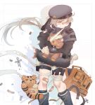  1girl aqua_hair bandaged_leg bandages beret black_gloves black_headwear black_jacket blue_footwear boots closed_mouth eyebrows_visible_through_hair feet_out_of_frame girls_frontline gloves gun handgun hat holding holding_gun holding_weapon hs2000 hs2000_(girls&#039;_frontline) hug jacket long_hair looking_away one_eye_closed patch rabb_horn red_eyes simple_background solo standing teardrop toy weapon 