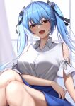  1girl :d bangs black_ribbon blue_hair blue_skirt blush breasts clothing_cutout collared_shirt commentary_request dress_shirt eyebrows_visible_through_hair hair_between_eyes hair_ornament hair_ribbon highres hololive large_breasts long_hair looking_at_viewer menmen_(ijnwfpaihpufxox) open_mouth ribbon shirt short_sleeves shoulder_cutout sitting skirt smile snowflake_hair_ornament solo twintails virtual_youtuber white_shirt yellow_eyes yukihana_lamy 