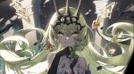  1girl :d absurdres ai_xiao_meng bangs bare_shoulders black_gloves claw_ring close-up crown dress earrings elbow_gloves gloves green_eyes green_hair grin hair_between_eyes hair_ornament highres honkai_(series) honkai_impact_3rd jewelry long_hair looking_at_viewer mobius_(honkai_impact) open_mouth pillar single_earring sleeveless sleeveless_dress smile solo teeth wavy_mouth 