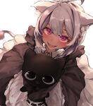  1girl absurdres animal animal_ear_fluff animal_ears apron black_cat black_dress blush braid cat cat_ears cat_girl cat_tail dress fangs frilled_apron frills highres holding holding_animal holding_cat long_sleeves looking_at_viewer maid maid_apron matsukai_mao nijisanji open_mouth short_hair silver_hair simple_background sleeves_past_fingers sleeves_past_wrists smile solo tail violet_eyes virtual_youtuber white_apron white_background yukirei 