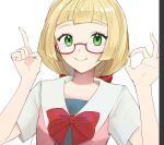  1girl alternate_costume bangs bespectacled blonde_hair blush bow closed_mouth commentary_request eyelashes face glasses green_eyes hands hands_up highres index_finger_raised konbu_1270 lillie_(pokemon) looking_at_viewer ok_sign pokemon pokemon_(game) pokemon_sm red_bow semi-rimless_eyewear shiny shiny_hair short_sleeves smile solo upper_body white_background 