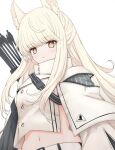  1girl animal_ear_fluff animal_ears arknights arrow_(projectile) bangs blonde_hair blunt_bangs blush bright_pupils brown_eyes eyebrows_visible_through_hair highres horse_ears long_hair long_sleeves looking_at_viewer midriff navel parted_lips platinum_(arknights) quiver revealing_clothes risshu sidelocks simple_background solo unzipped upper_body very_long_hair white_background zipper 