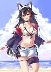  1girl :d animal_ear_fluff animal_ears bangs barefoot bikini bikini_under_clothes black_hair black_jacket blue_sky blurry blurry_background blush brown_eyes clouds cloudy_sky commentary_request day depth_of_field eyebrows_visible_through_hair front-tie_bikini front-tie_top hair_between_eyes highres hololive horizon jacket leaf_print long_hair multicolored_hair natsuki_(natukituki) navel ocean off_shoulder ookami_mio open_clothes open_fly open_jacket outdoors print_bikini redhead short_shorts shorts side-tie_bikini sky smile solo standing standing_on_one_leg streaked_hair swimsuit tail very_long_hair virtual_youtuber water white_bikini white_shorts wolf_ears wolf_girl wolf_tail 
