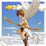  1boy :3 above_clouds angel armlet bangs bare_shoulders bike_shorts blue_eyes blue_sky blush_stickers border bow_(weapon) brown_eyes brown_footwear brown_hair closed_mouth clouds commentary_request crossover day feathered_wings feathers flying fur-trimmed_footwear gold happy holding holding_bow_(weapon) holding_weapon kid_icarus laurel_crown male_focus midair outside_border pikachu pit_(kid_icarus) pokemon pokemon_(creature) sandals shiny shiny_hair short_hair sidelocks sky smile smoke solo_focus spiky_hair super_smash_bros. thighlet toga tsuji weapon white_border white_wings wings 