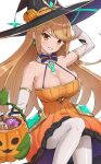  1girl absurdres blonde_hair breasts candy chest_jewel food gonzarez halloween_costume hat hat_ornament highres large_breasts mythra_(xenoblade) orange_eyes pumpkin solo trick-or-treating witch_hat xenoblade_chronicles_(series) xenoblade_chronicles_2 