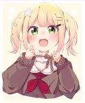  1girl :d absurdres bangs blonde_hair blush brown_sweater commentary_request cropped_torso eyebrows_visible_through_hair fang flower green_eyes hair_flower hair_ornament hairclip hands_up highres hololive long_sleeves looking_at_viewer momosuzu_nene neckerchief okota_mikan puffy_long_sleeves puffy_sleeves red_neckwear shirt sleeves_past_wrists smile solo sweater twintails upper_body virtual_youtuber white_flower white_shirt 