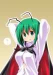  antenna antennae arms_up bad_id breasts cape cleavage dress_shirt green_eyes green_hair large_breasts shirt short_hair solo touhou umekichi white_shirt wriggle_nightbug 