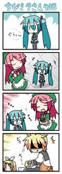  &gt;:) &gt;_&lt; 4koma :&lt; :3 :t apron blush checkerboard_cookie chibi_miku comic cookie cooking eating food hair_ornament hairpin hatsune_miku hungry kagamine_len kagamine_rin looking_back minami_(colorful_palette) momone_momo no_eyes shaded_face silent_comic smile surprised twintails utau vocaloid x3 |_| 