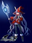  boots detached_sleeves flat_chest fujimon hand_on_hip hat highres long_hair pixiv pixiv_fantasia pixiv_fantasia_4 purple_eyes purple_hair staff tail very_long_hair violet_eyes witch_hat zipper 