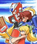  blonde_hair blue_eyes broom brown_hair capcom child crossover dress green_eyes hair_ribbon kin_niku long_hair ponytail pose ribbon robot rock_volnutt rockman rockman_(classic) rockman_dash rockman_x roll simple_background tatsunoko_vs_capcom weapon zero_(rockman) 