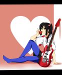  blue_legwear brown_eyes food fruit guitar hair_bobbles hair_ornament highres holding holding_fruit iga_tamaki instrument k-on! latex letterboxed listen!! long_hair nakano_azusa pantyhose side_ponytail solo strawberry 