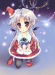  blush christmas christmas_lights gift hat holding holding_gift kage_no_utage mini_santa_hat mutsumi mutsumi_(utawareru_mono) pantyhose payot red_eyes santa_costume santa_hat short_hair silver_hair solo utawareru_mono utawarerumono wings 