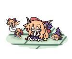  chibi clone eating fang food gourd hair_bow hair_ribbon horns ibuki_suika long_hair minigirl mochi orange_hair ribbon touhou wagashi yanagi_(artist) 