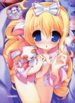  amane_mimi blonde_hair blue_eyes blush bottomless bow feathers hair_bow loli long_hair mummy open_clothes open_shirt shirt stuffed_animal stuffed_bunny stuffed_toy tears youta 