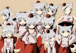  alternate_hairstyle animal_ears bone clone crossed_arms detached_sleeves hat highres inubashiri_momiji long_hair multiple_persona red_eyes shield short_hair silver_hair sword tail tamakko tokin_hat touhou weapon wings wolf_ears wolf_tail young 