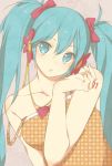  aqua_hair bow hair_ribbon hands hatsune_miku long_hair ribbon vocaloid yamaki_suzume 