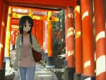  bag black_eyes black_hair highres hime_cut jacket k-on! long_hair photo_background sayaemon solo torii tree 
