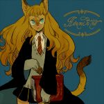  :&lt; animal_ears blue_eyes book brown_hair cat_ears cat_tail character_name furry harry_potter hermione_granger l_hakase long_hair necktie paws school_uniform simple_background solo tail v-neck wavy_hair 