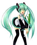  aqua_hair bad_id detached_sleeves hatsune_miku long_hair necktie open_mouth otoneha skirt spring_onion thigh-highs thighhighs traditional_media twintails very_long_hair vocaloid 