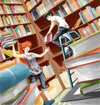  book capri_pants dutch_angle ladder library mizuhara_kana orange_hair ponytail q.e.d. short_hair si_sya_mo smile touma_sou 