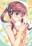  blue_eyes brown_hair camisole glasses hair_ornament hairpin hands headphones highres koutaro original ribbon smile solo twintails 
