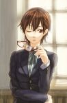  enji127 fukutarou_(enji127) glasses glasses_removed holding holding_glasses k-on! manabe_nodoka red-framed_glasses ribbon school_uniform semi-rimless_glasses short_hair solo under-rim_glasses wink 