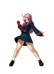  1girl black_footwear black_shoes clenched_hand closed_mouth eisuke_ogura fingerless_gloves full_body gloves hairband king_of_fighters king_of_fighters_xiii loafers long_hair long_sleeves looking_at_viewer neckerchief official_art ogura_eisuke pink_eyes pink_hair pleated_skirt red_gloves red_neckerchief sailor_collar sailor_shirt school_uniform serafuku shirt shoes simple_background skirt snk socks solo standing white_background white_legwear yellow_hairband 