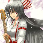 bass_guitar fujiwara_no_mokou grey_hair guitar hair_ribbon instrument kazuaki_(pixiv27431) red_eyes ribbon solo suspenders touhou 