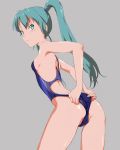  aqua_eyes aqua_hair armpits ass bad_id bare_shoulders breasts competition_swimsuit flat_chest hatsune_miku long_hair looking_back one-piece_swimsuit shiika_sadamasa sideboob simple_background solo swimsuit tsurime twintails vocaloid 