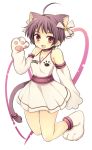  animal_ears bad_id bare_shoulders blush breasts brown_hair cat_ears cat_tail cleavage elbow_gloves gloves happy matsusaka_gyuu paws red_eyes short_hair skirt tail 