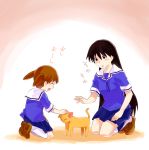   azumanga_daiou black_eyes black_hair brown_hair cat closed_eyes kneeling long_hair mihama_chiyo pat sakaki school_uniform serafuku twintails ya  