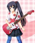  black_hair blue_legwear casual guitar hair_bobbles hair_ornament instrument k-on! latex listen!! long_hair nakano_azusa odaya odayan pantyhose polka_dot side_ponytail skirt solo 