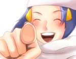  absurdres bad_id beanie blue_hair blush closed_eyes fourth_wall hair_ornament happy hat highres hikari_(pokemon) nintendo parody pointing pokemon scarf shinebaiinoni skgt531 smile vocaloid 