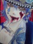  1boy blood blue_hair candy chupa_chups earrings facepaint fangs food formal hat jewelry lollipop lowres mouth_hold neck_ribbon original personification ribbon suit traditional_media tuxedo 