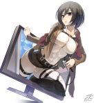  1girl belt black_eyes black_hair boots breasts cleavage highres jacket large_breasts looking_at_viewer mikasa_ackerman monitor namaniku_atk pun scarf shingeki_no_kyojin short_hair simple_background solo three-dimensional_maneuver_gear through_screen tight_pants white_background 