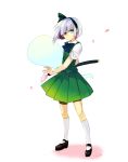  1girl bow dress european_clothes ghost hairband highres katana konpaku_youmu konpaku_youmu_(ghost) mary_janes nr_(cmnrr) petals ready_to_draw sheath sheathed shoes short_hair silver_hair solo sword touhou weapon 