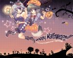  animal_ears antenna_hair aruruw black_wings blue_eyes bow breasts brown_eyes brown_hair candy cleavage halloween hat kage_no_utage kamyu midriff multiple_girls pointy_shoes silver_hair striped striped_legwear striped_thighhighs tail thigh-highs thighhighs utawareru_mono utawarerumono wallpaper wand wings 