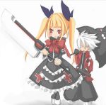  1boy 1girl :&gt; :&lt; blazblue blonde_hair boots bow dress frills gloves gothic_lolita hair_ribbon hakama heel-less_shoes japanese_clothes lolita_fashion long_hair lowres nago rachel_alucard ragna_the_bloodedge red_eyes ribbon smile sword triangle_mouth twintails umbrella weapon white_eyes 