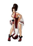  1girl black_eyes breasts brown_hair cleavage duplicate eisuke_ogura fan full_body hair_ribbon high_ponytail japanese_clothes jpeg_artifacts king_of_fighters king_of_fighters_xiii large_breasts leaning_forward legs loincloth long_hair no_bra official_art ogura_eisuke pelvic_curtain ponytail revealing_clothes ribbon shiranui_mai sideboob simple_background smile snk solo standing white_background 
