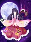  1girl black_hair blunt_bangs branch closed_eyes full_moon highres hime_cut houraisan_kaguya japanese_clothes jeweled_branch_of_hourai long_hair long_skirt moon red_skirt shun_minihouse skirt solo touhou 