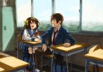  classroom enji127 fukutarou_(enji127) hair_ribbon kyon ribbon school_uniform sitting suzumiya_haruhi suzumiya_haruhi_no_yuuutsu window 