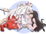  angry annoyed bad_id eye_contact eyes_contact fighting fujiwara_no_mokou hirasaka_(okome13) holding houraisan_kaguya kneehighs lying multiple_girls profile rivalry rivals socks sweatdrop touhou 