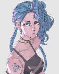  1girl arcane:_league_of_legends blue_eyes blue_hair braid breasts elliemaplefox highres jinx_(league_of_legends) league_of_legends long_hair looking_at_viewer medium_breasts simple_background solo tattoo upper_body white_background 