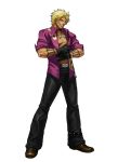  1boy blonde_hair collared_shirt earrings eisuke_ogura full_body gloves grin jewelry king_of_fighters king_of_fighters_xiii male necklace official_art ogura_eisuke open_clothes open_shirt shen_woo shirt short_hair simple_background smile snk solo standing white_background 