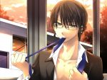  glass glasses headphones hiyama_kiyoteru male mouth_hold necktie open_clothes open_shirt shirotsugu shirt undressing vocaloid 