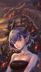  bare_shoulders blue_hair demon_girl dragon fire fujimaru horns night pointy_ears short_hair 