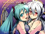  ahoge android aqua_eyes aqua_hair blush caffein cigarette glasses green_eyes green_hair hatsune_miku honne_dell hug multiple_girls nail_polish red_eyes robot_joints silver_hair twintails vocaloid voyakiloid white_hair yowane_haku 