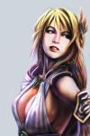  1girl blonde_hair blue_eyes breasts cleavage earrings highres jewelry lips long_hair nagumo_(pixiv577350) nagumo_(qmzp10) portrait realistic simple_background solo sophitia_alexandra soul_calibur soul_calibur_iv soulcalibur soulcalibur_iv very_long_hair 